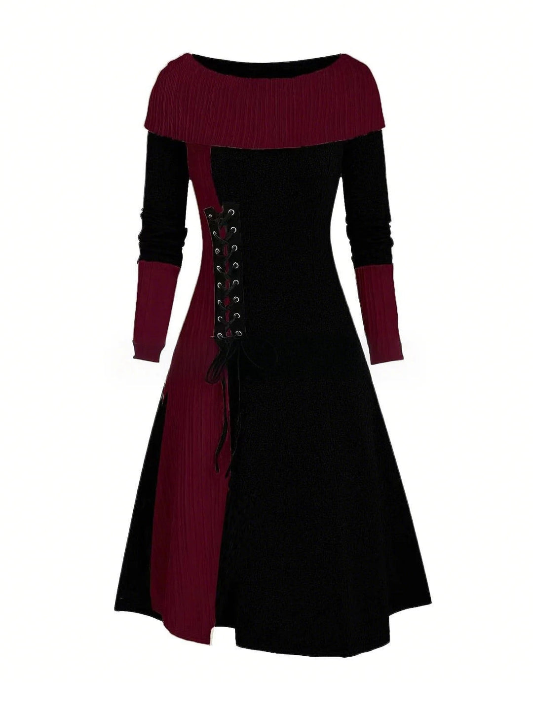 1940s Lace-Up Colorblock Off-Shoulder Dress: where 1940s romance meets her modern spirit