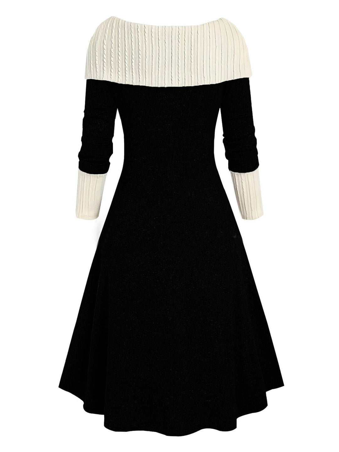 1940s Lace-Up Colorblock Off-Shoulder Dress — a 1940s silhouette that turns sidewalks into runways