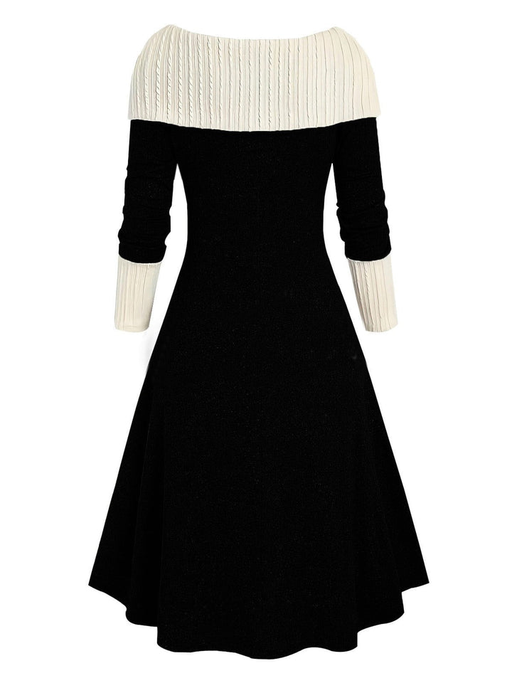 1940s Lace-Up Colorblock Off-Shoulder Dress — a 1940s silhouette that turns sidewalks into runways