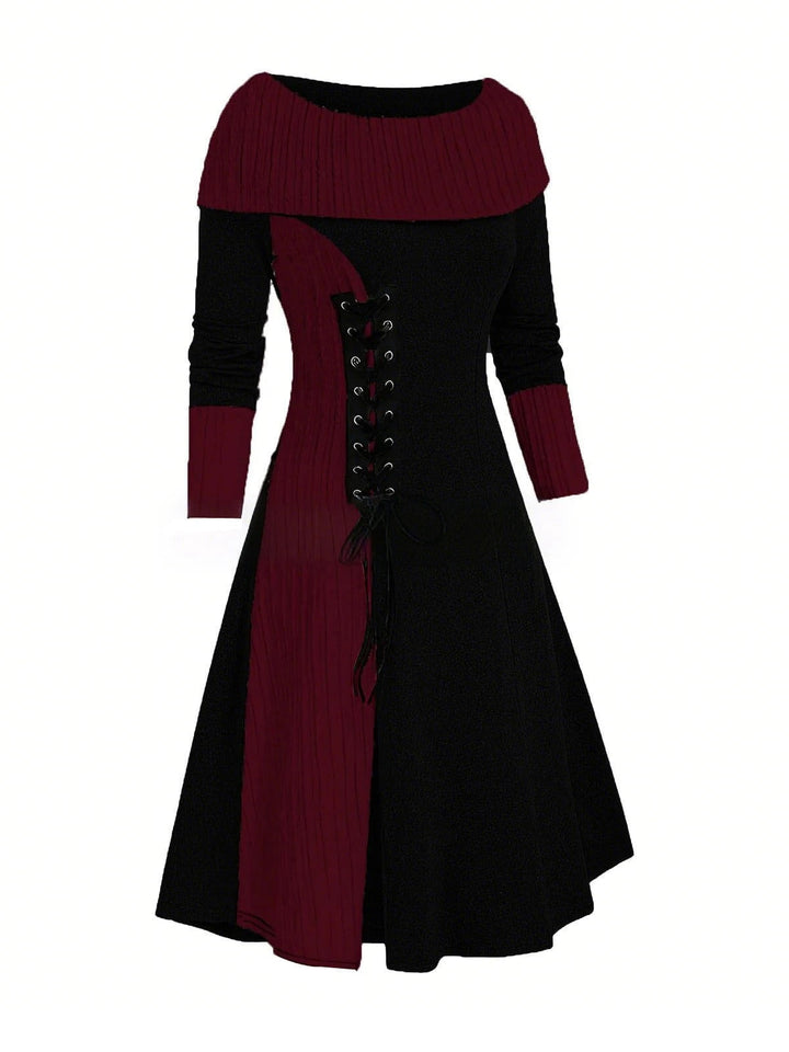 She slips into this 1940s Lace-Up Colorblock Off-Shoulder Dress and suddenly it&