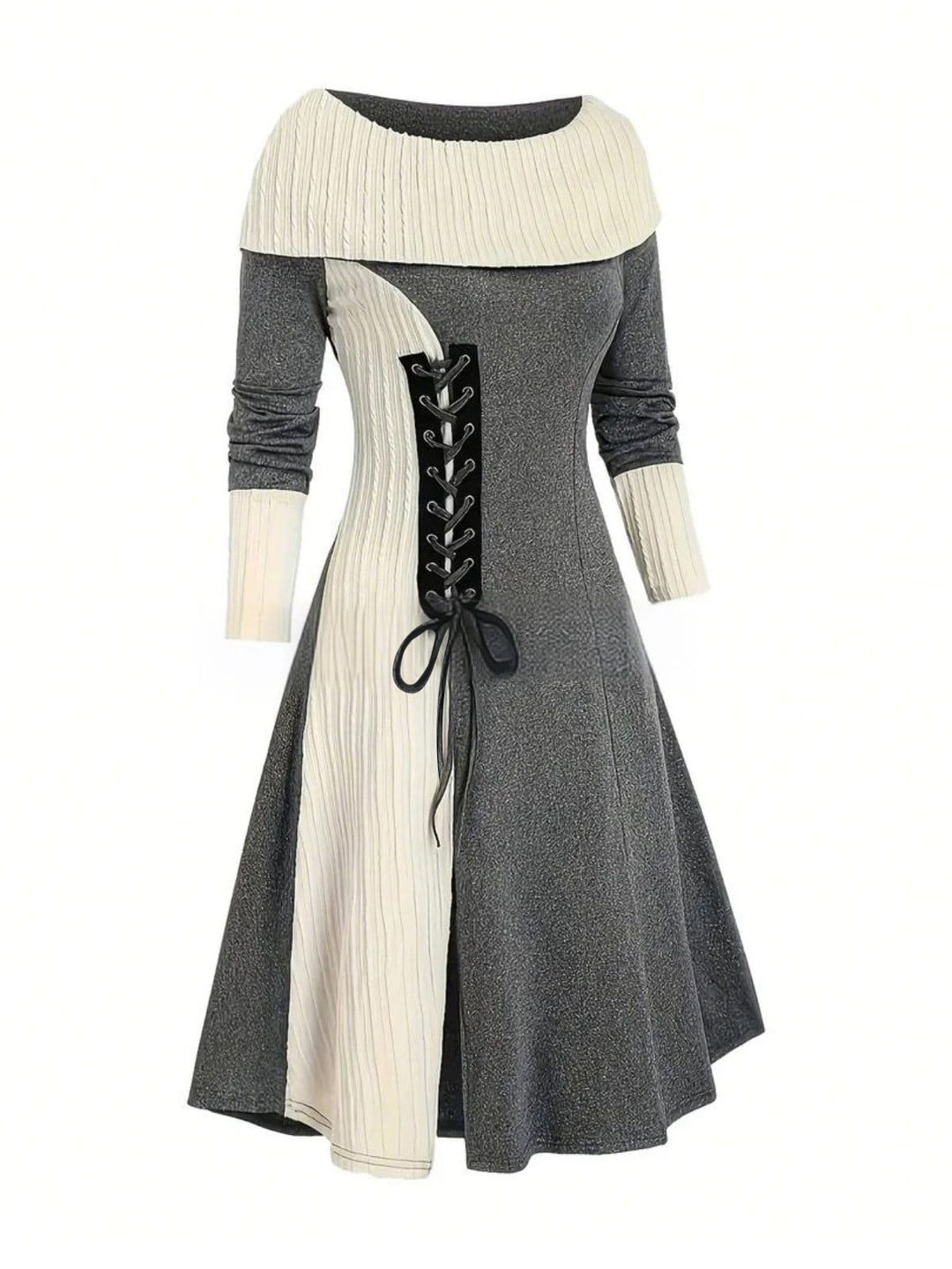 This 1940s Lace-Up Colorblock Off-Shoulder Dress wraps her in 1940s elegance, one twirl at a time