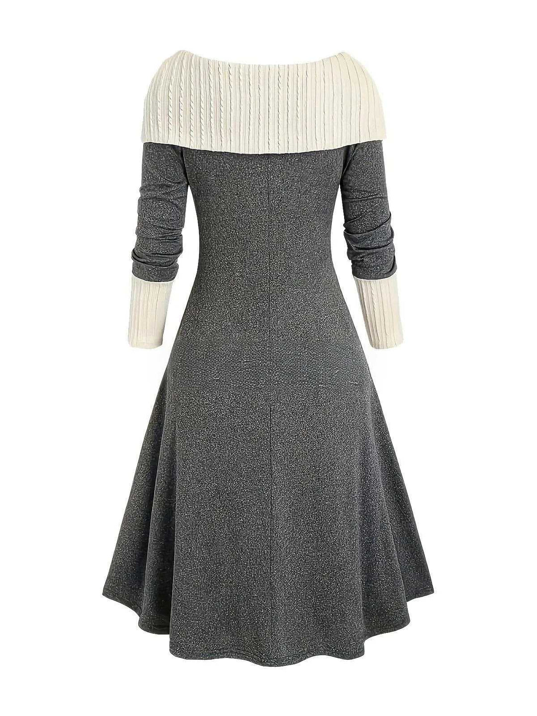 1940s Lace-Up Colorblock Off-Shoulder Dress — the kind of 1940s dress that makes strangers smile