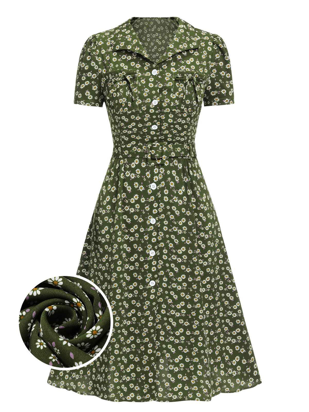 She slips into this 1940s Lapel Buttons Ditsy Floral Dress and suddenly it&