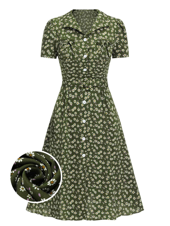 She slips into this 1940s Lapel Buttons Ditsy Floral Dress and suddenly it&