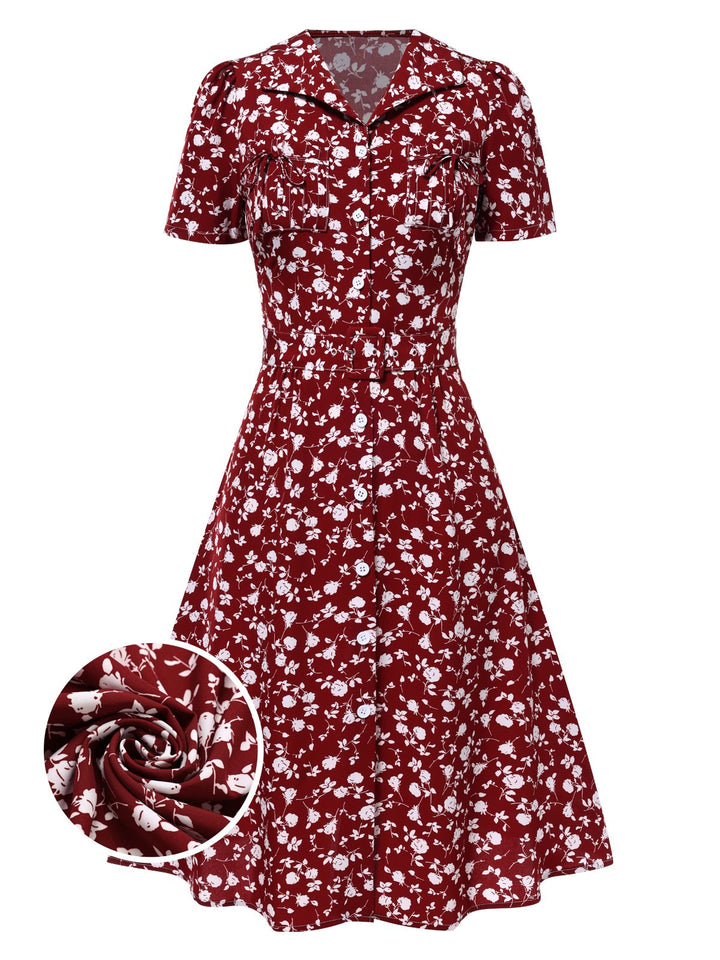 Green 1940s Lapel Buttons Ditsy Floral Dress, vintage dress, retro fashion, floral print - perfect for women who love vintage and retro fashion