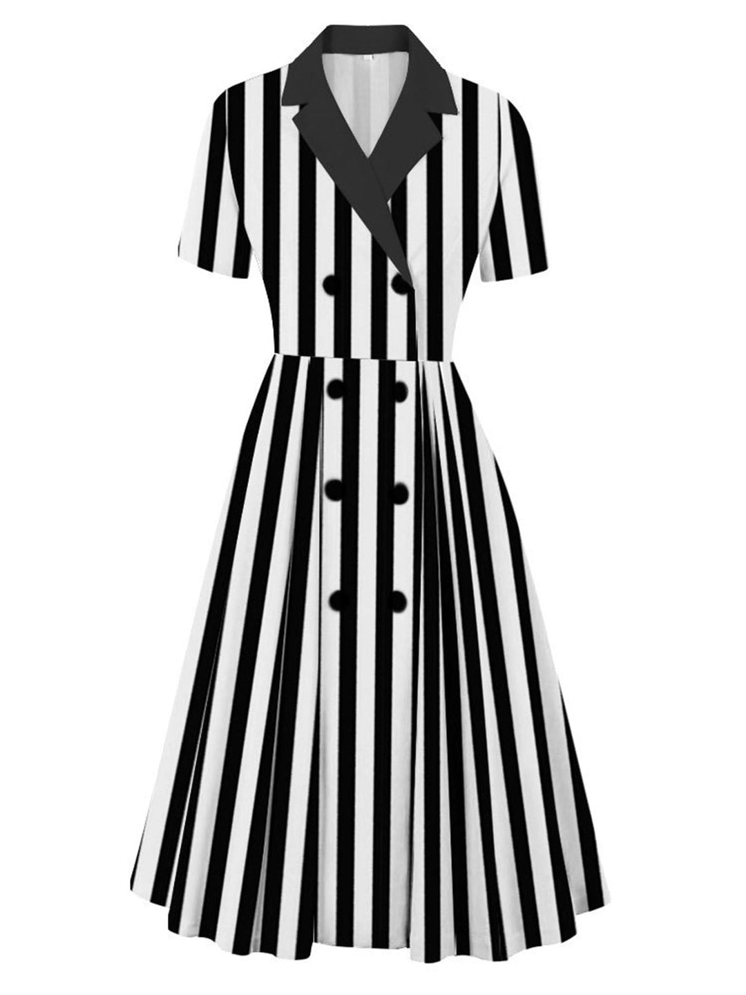She slips into this 1940s Lapel Double Breasted Black &amp; White Stripes Dress and suddenly it&
