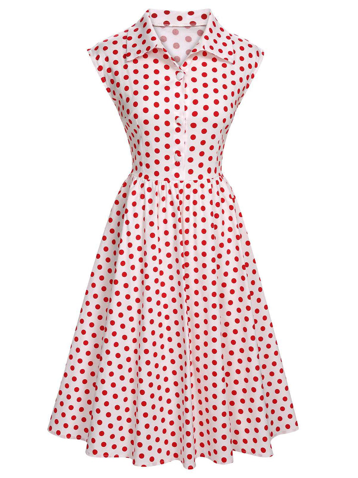 She slips into this 1940s Lapel Polka Dots Sleeveless Dress and suddenly it&