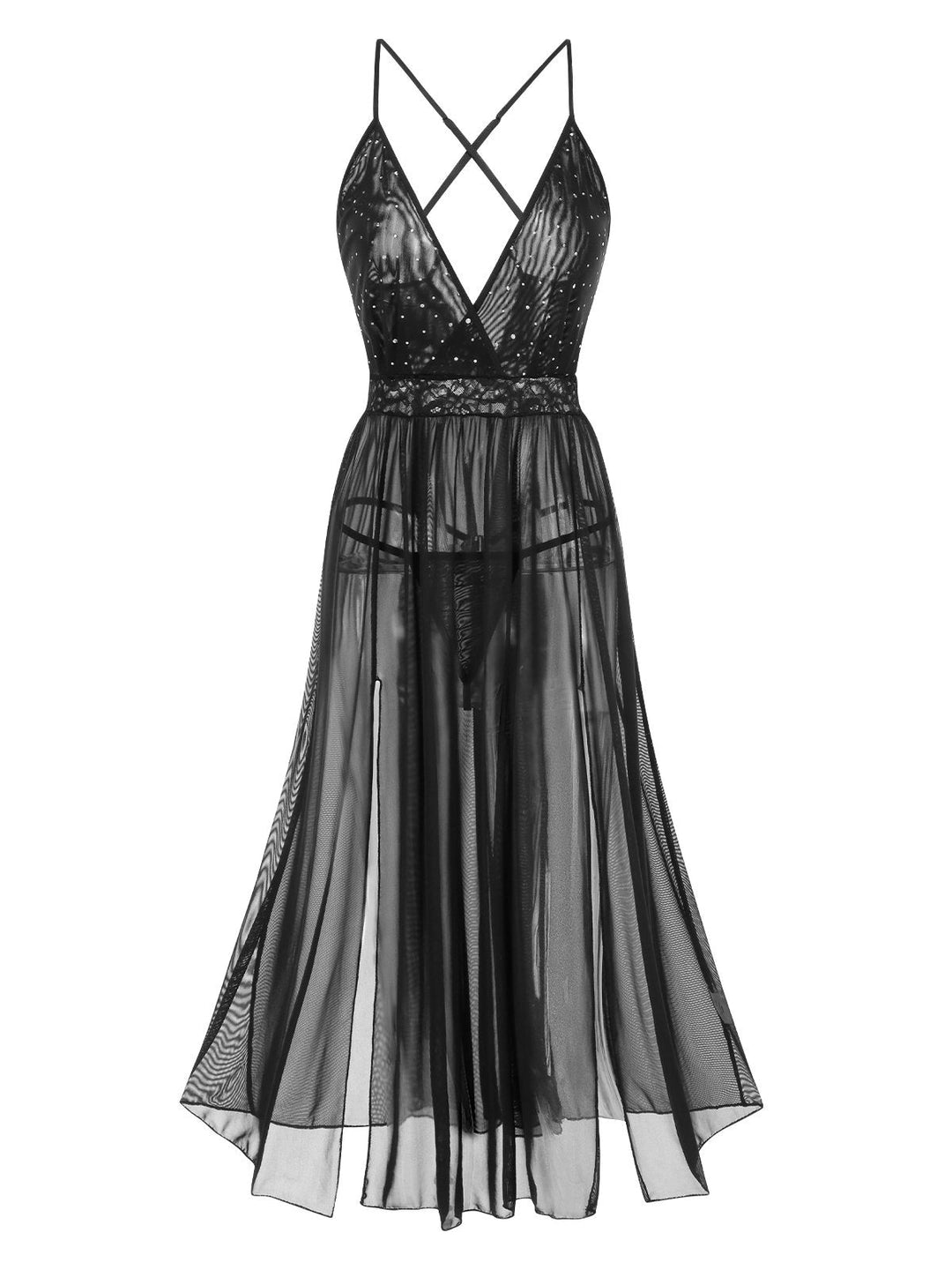 Black Sparkling Mesh Back Cross Straps Nightgown - vintage nightgown, retro sleepwear, classic black