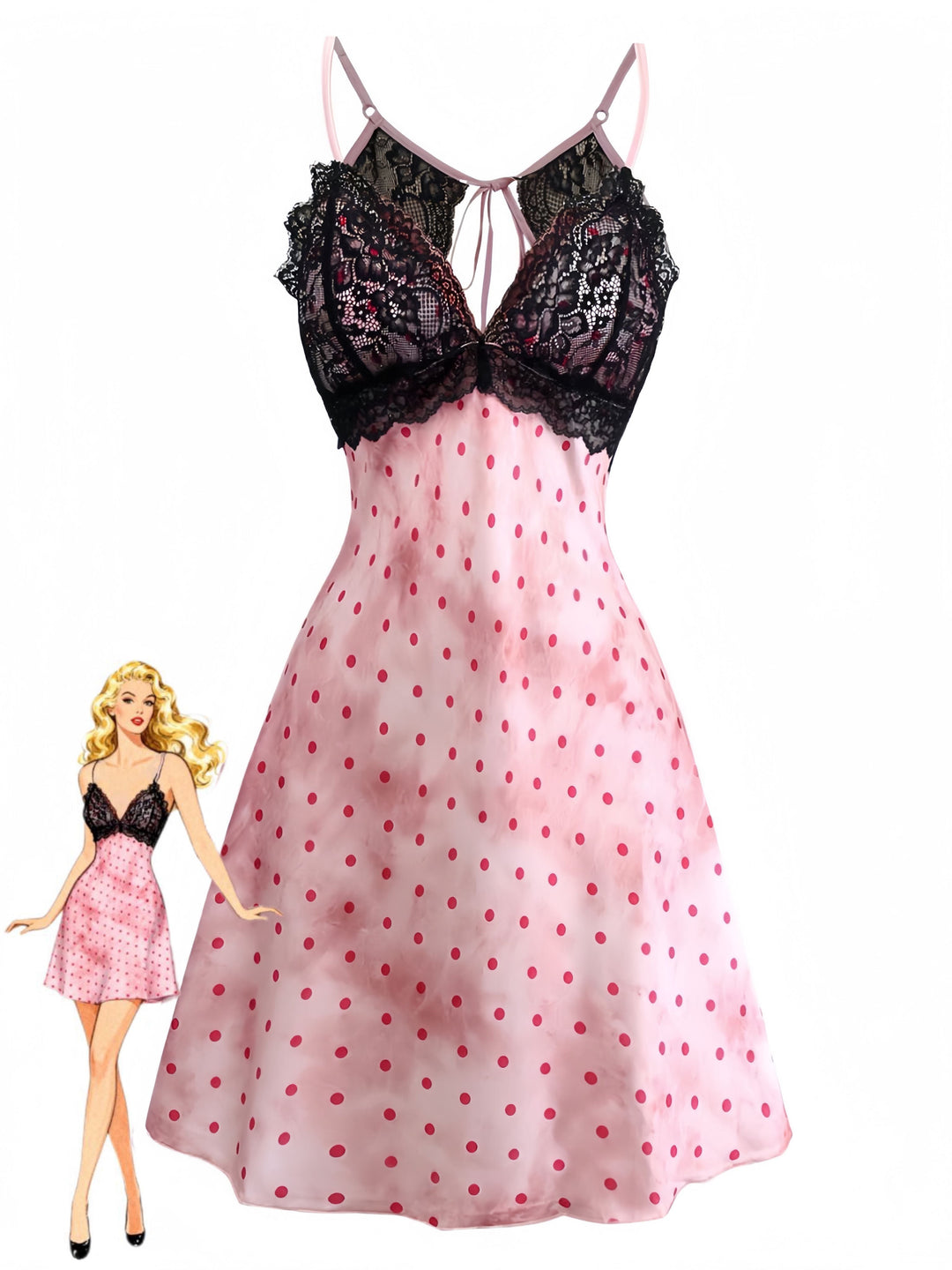 Pink Satin Polka Dot Lace Trim Backless Nightdress - vintage dress, retro fashion