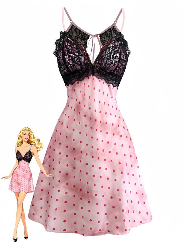 Pink Satin Polka Dot Lace Trim Backless Nightdress - vintage dress, retro fashion