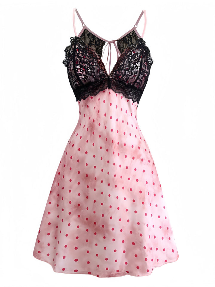 Pink Satin Polka Dot Lace Trim Backless Nightdress - vintage dress, retro fashion
