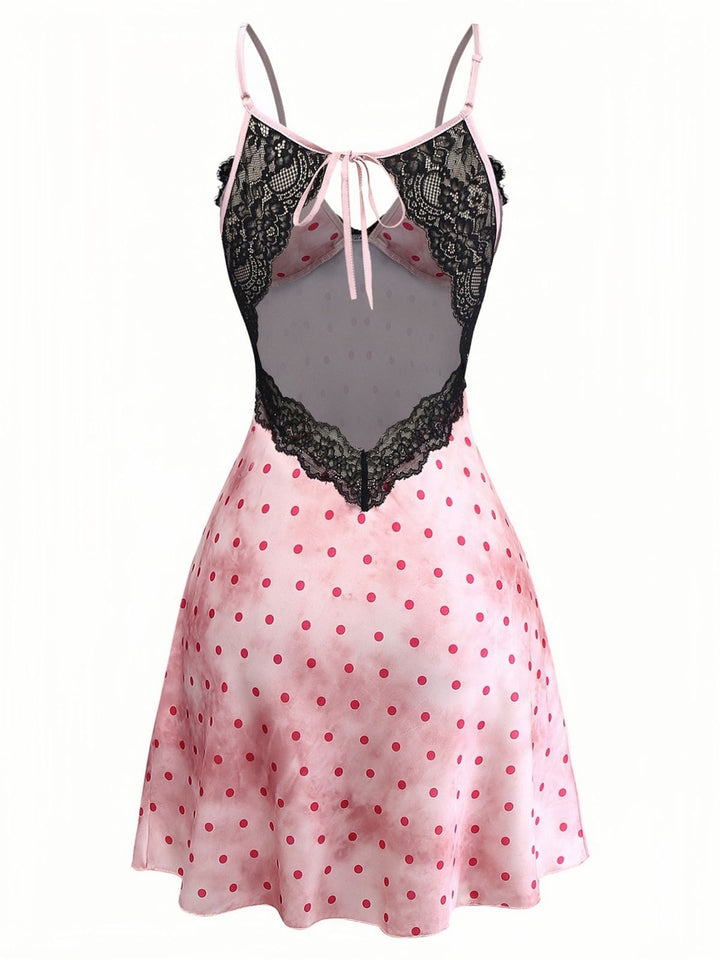 Pink Satin Polka Dot Lace Trim Backless Nightdress - vintage dress, retro fashion