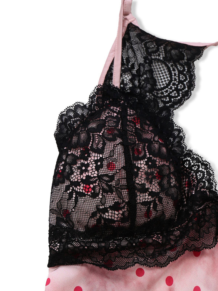 Pink Satin Polka Dot Lace Trim Backless Nightdress - vintage dress, retro fashion