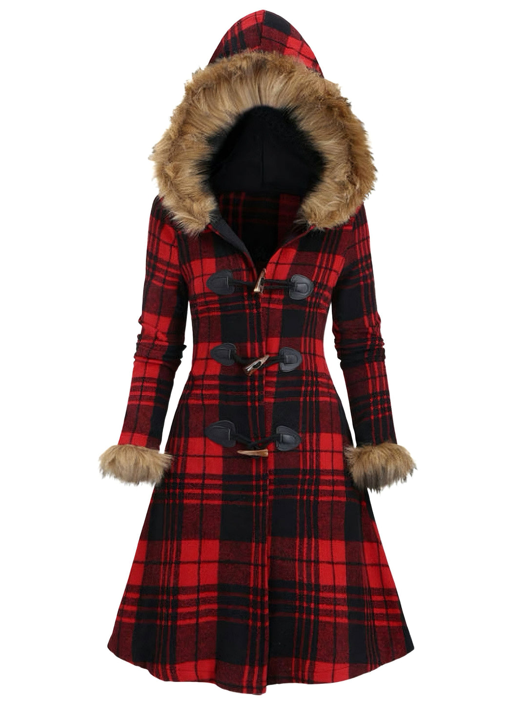 1940s Plaid Toggle Faux Fur Trim Hooded Coat - vintage fashion, style
