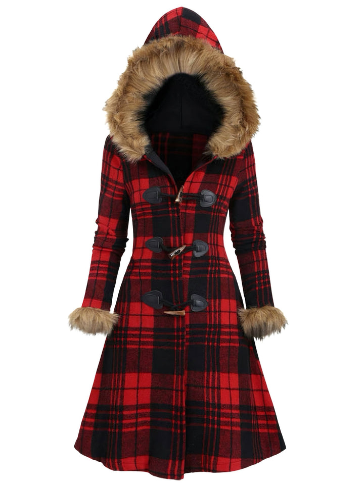 1940s Plaid Toggle Faux Fur Trim Hooded Coat - vintage fashion, style