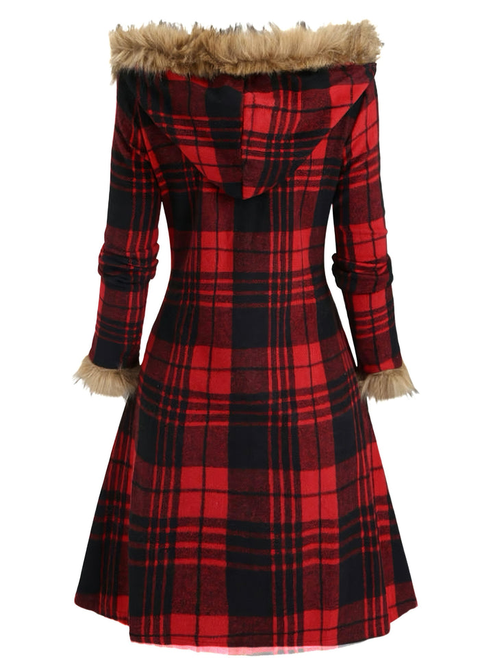 1940s Plaid Toggle Faux Fur Trim Hooded Coat - vintage fashion, style