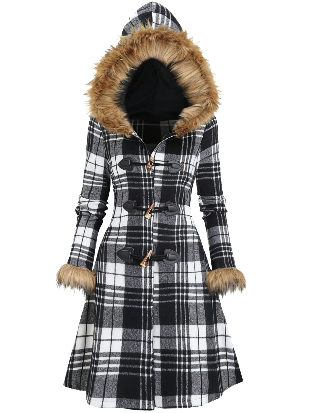 1940s Plaid Toggle Faux Fur Trim Hooded Coat - vintage fashion, style