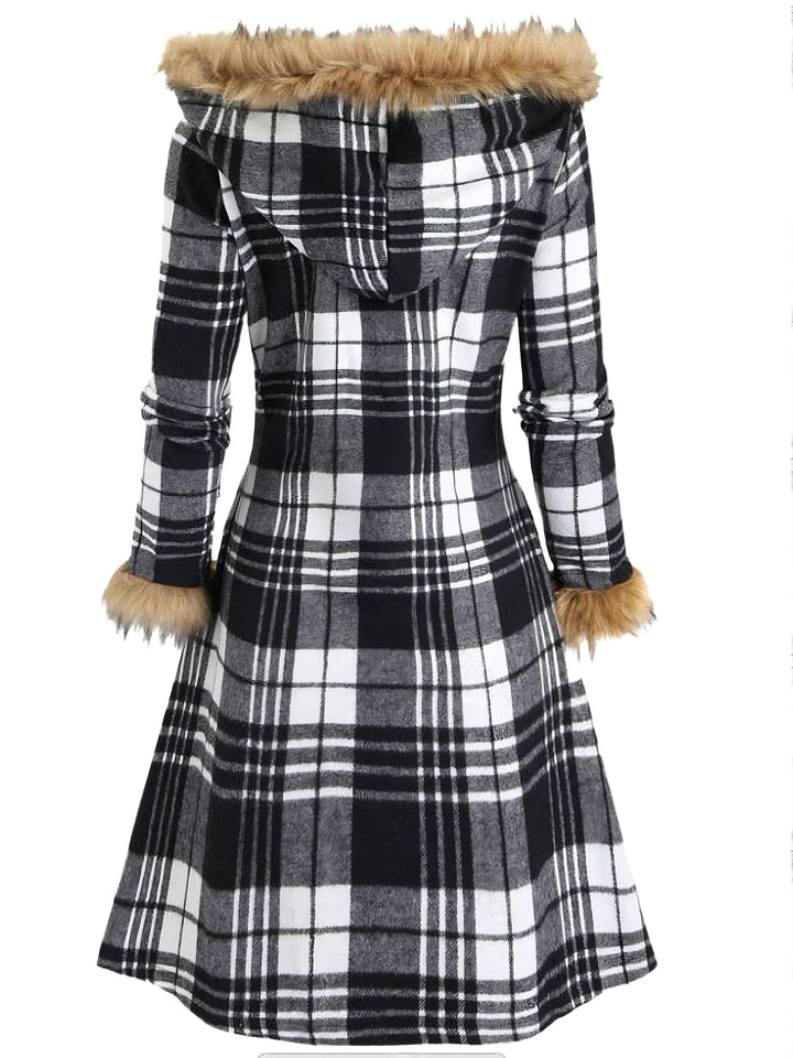 1940s Plaid Toggle Faux Fur Trim Hooded Coat - vintage fashion, style
