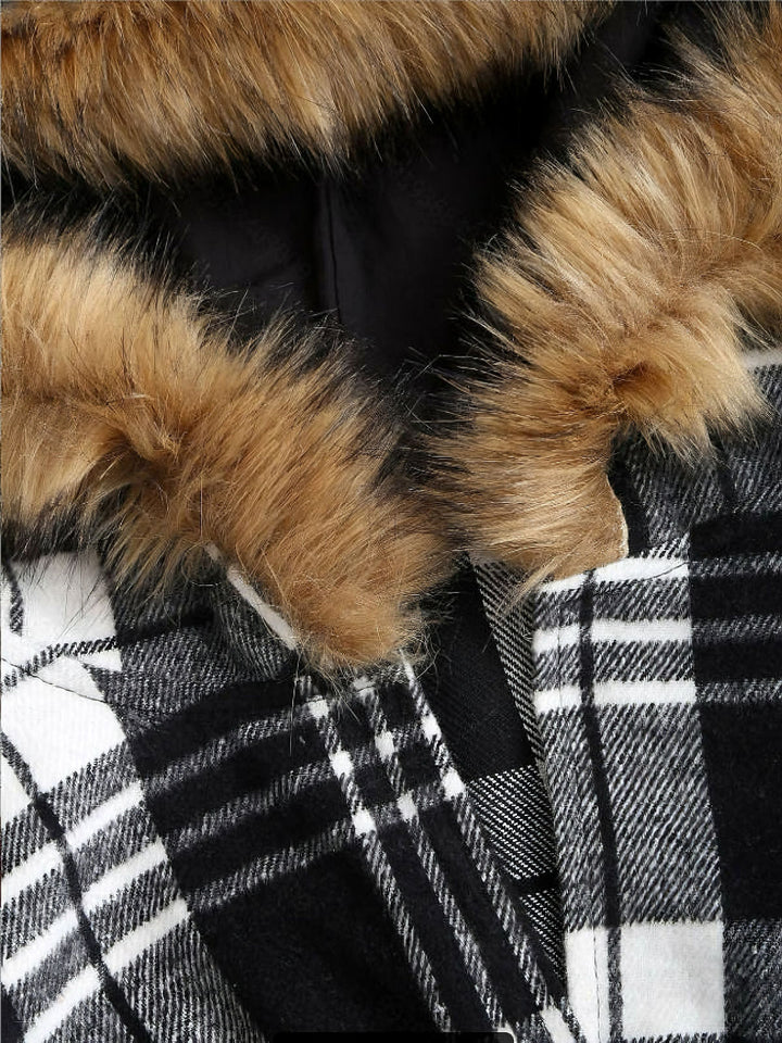 1940s Plaid Toggle Faux Fur Trim Hooded Coat - vintage fashion, style
