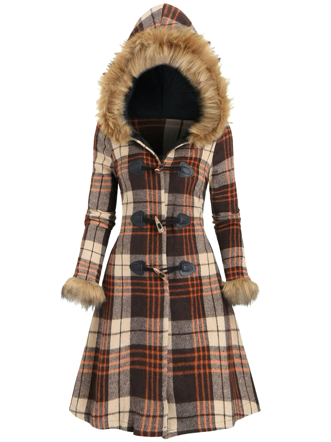 1940s Plaid Toggle Faux Fur Trim Hooded Coat - vintage fashion, style