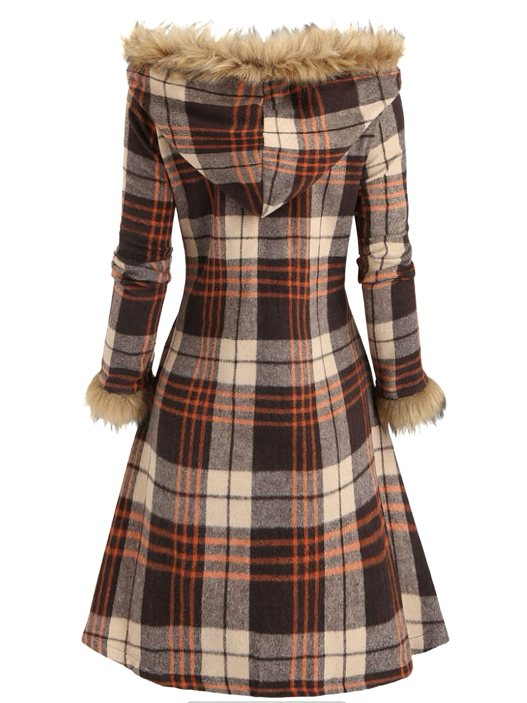 1940s Plaid Toggle Faux Fur Trim Hooded Coat - vintage fashion, style