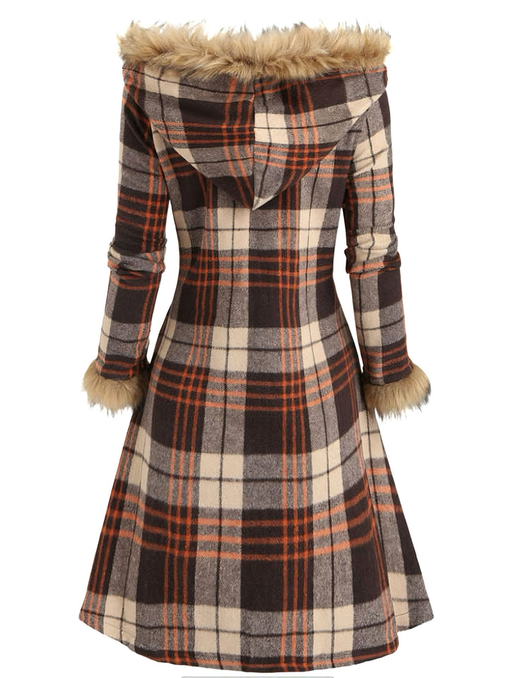 1940s Plaid Toggle Faux Fur Trim Hooded Coat - vintage fashion, style