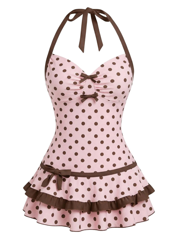 Polka Dot Halter Bow One-Piece Swimdress - vintage dress, retro fashion for women