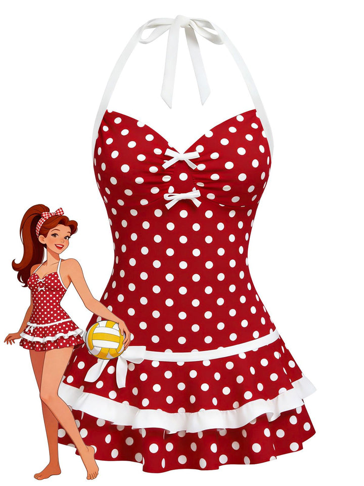 Red Polka Dot Halter Bow One-Piece Swimdress - vintage dress, retro fashion, elegant red