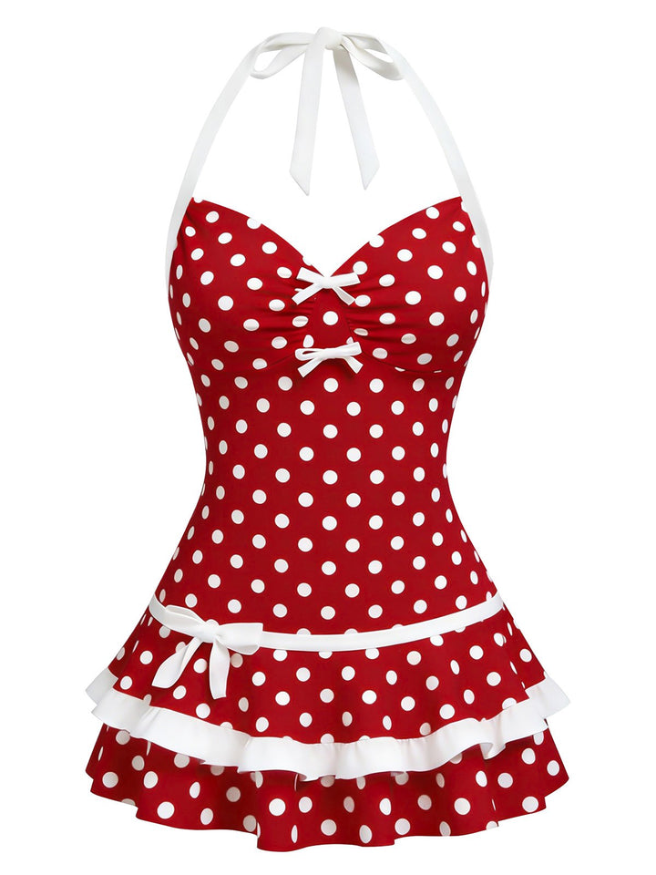 Red Polka Dot Halter Bow One-Piece Swimdress - vintage dress, retro fashion, elegant red