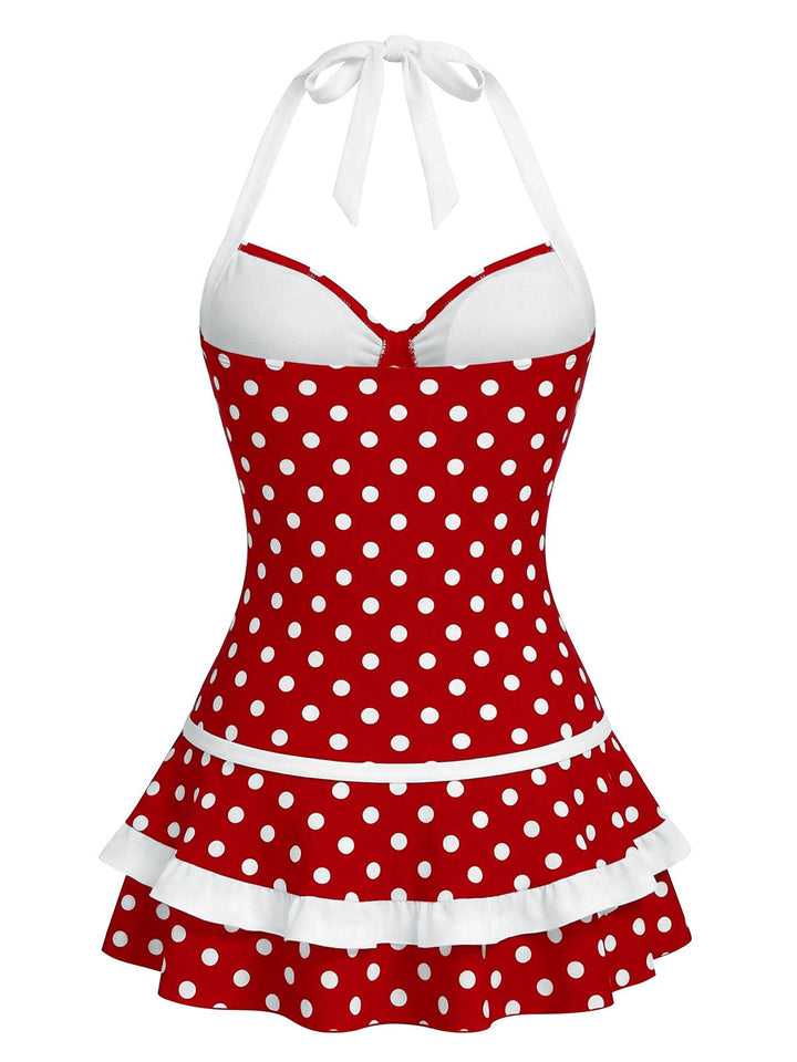 Red Polka Dot Halter Bow One-Piece Swimdress - vintage dress, retro fashion, elegant red