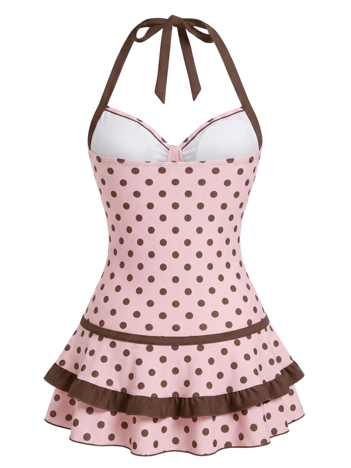 Red Polka Dot Halter Bow One-Piece Swimdress, vintage dress, retro fashion - perfect for women who love vintage and retro fashion