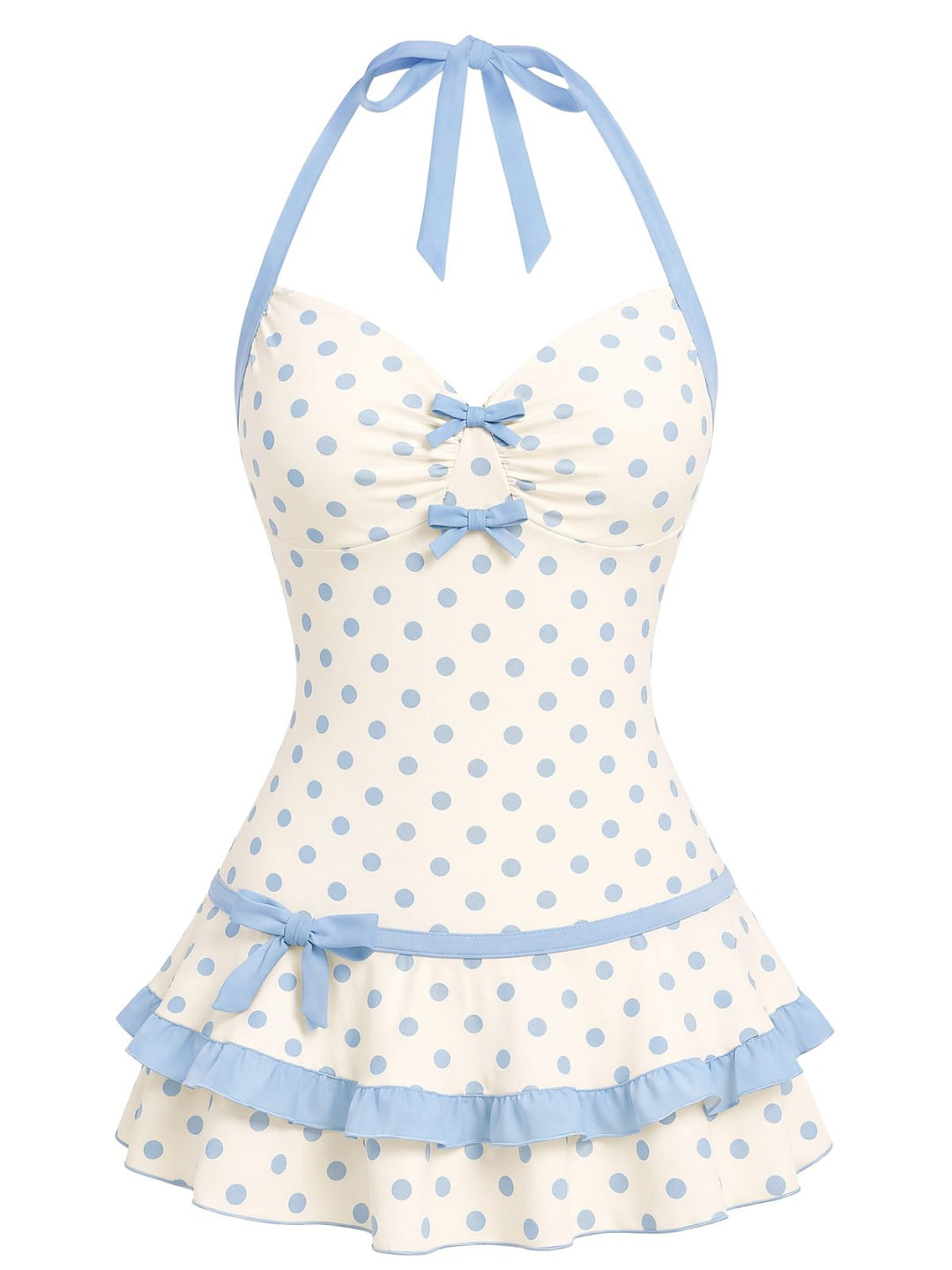 Red Polka Dot Halter Bow One-Piece Swimdress, vintage dress, retro fashion - perfect for women who love vintage and retro fashion