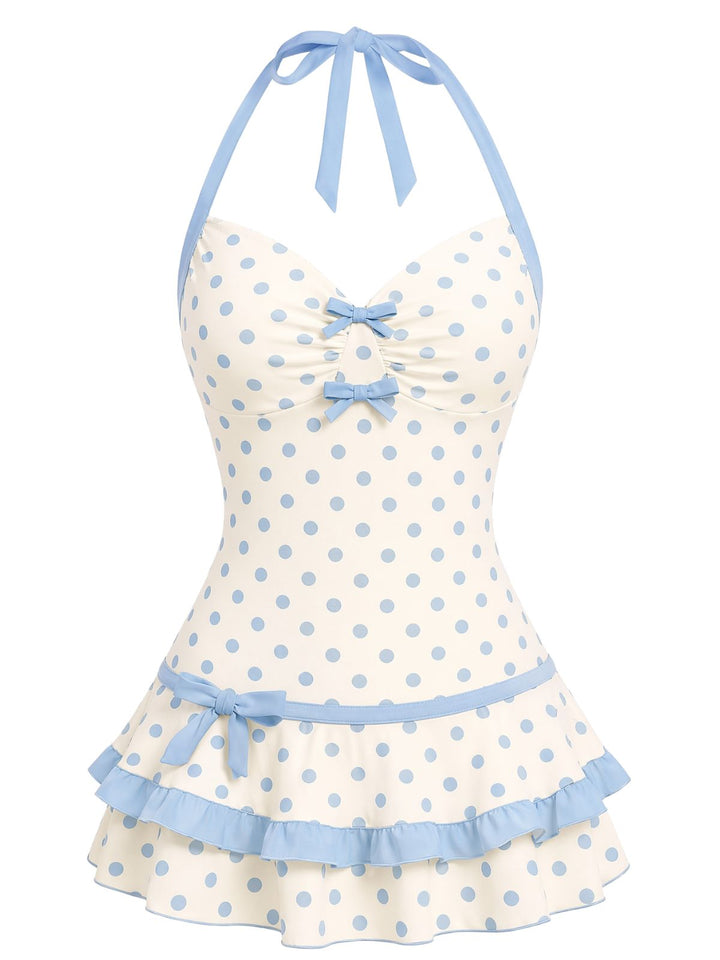 Red Polka Dot Halter Bow One-Piece Swimdress, vintage dress, retro fashion - perfect for women who love vintage and retro fashion