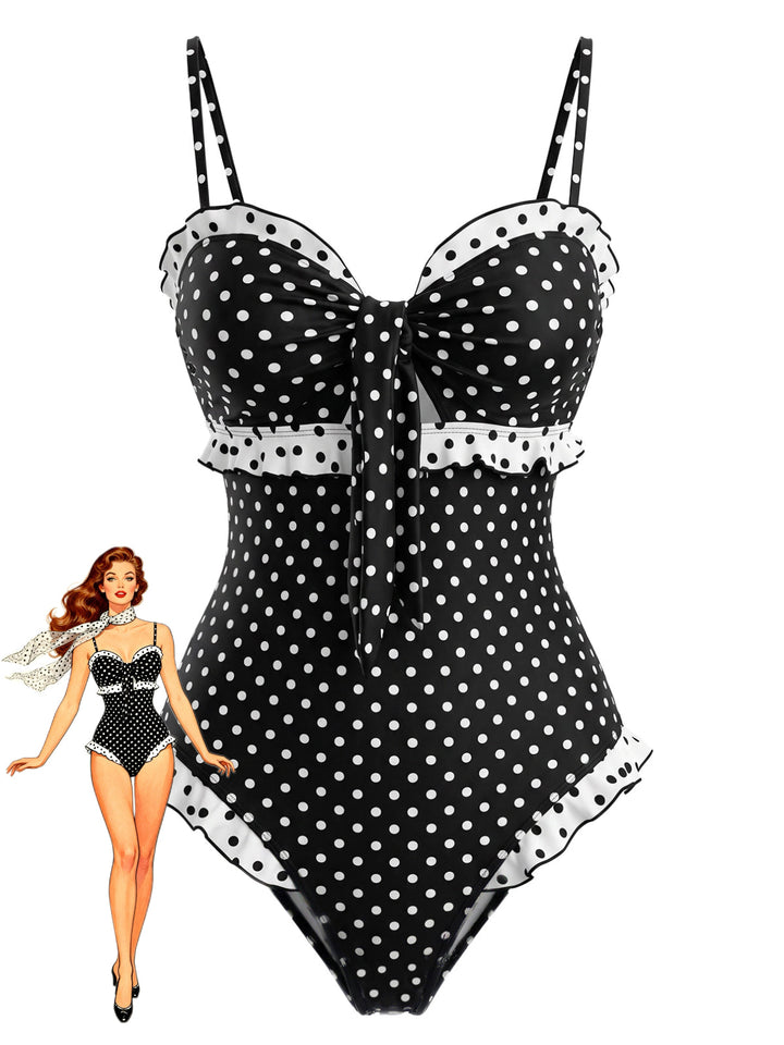 Polka Dot Ruffle Patchwork One-Piece Swimsuit, vintage swimsuit, swimwear - perfect for women who love vintage and retro fashion