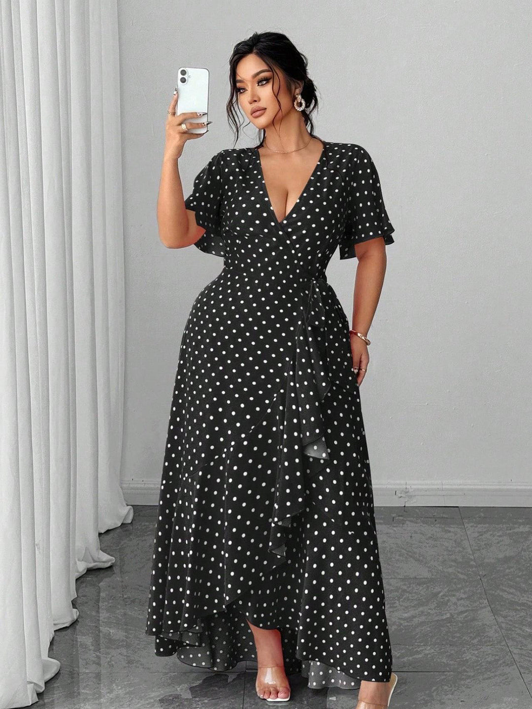 [Plus Size] 1940s Polka Dot Wrap V-Neck Ruffle Maxi Dress, vintage dress, retro fashion - perfect for women who love vintage and retro fashion