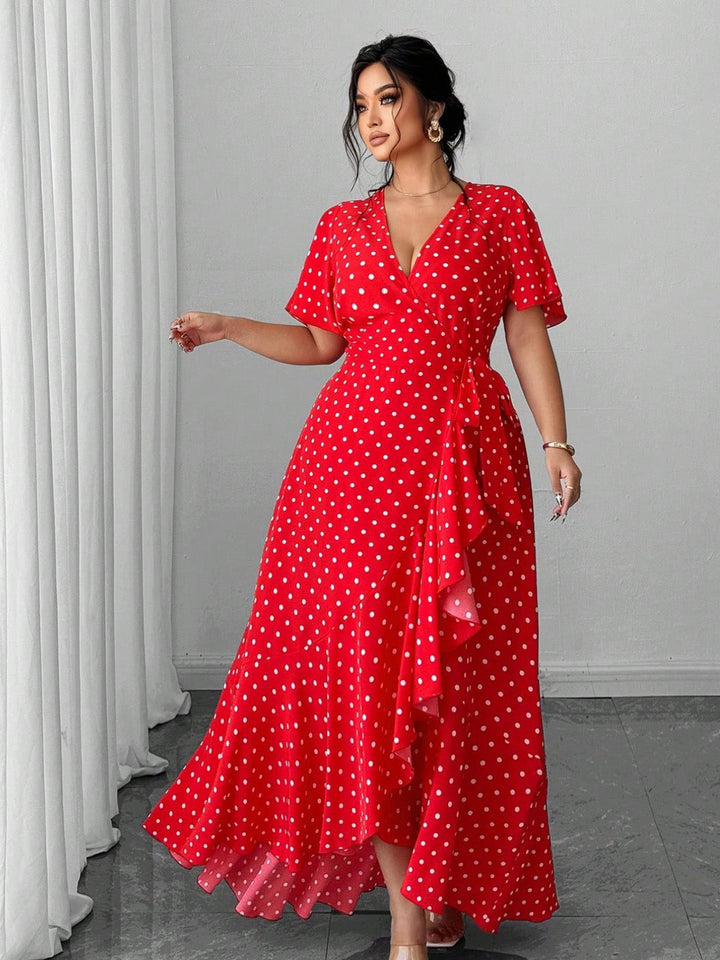 [Plus Size] 1940s Polka Dot Wrap V-Neck Ruffle Maxi Dress, vintage dress, retro fashion - perfect for women who love vintage and retro fashion