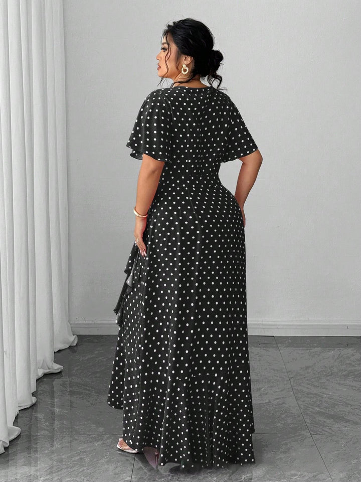 [Plus Size] 1940s Polka Dot Wrap V-Neck Ruffle Maxi Dress, vintage dress, retro fashion - perfect for women who love vintage and retro fashion