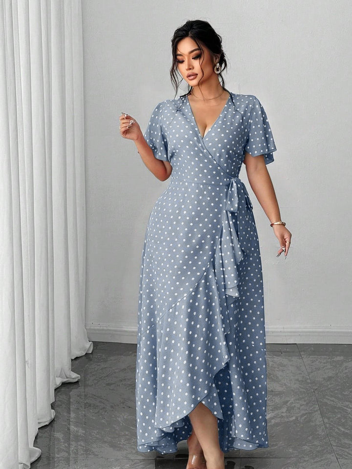 [Plus Size] 1940s Polka Dot Wrap V-Neck Ruffle Maxi Dress, vintage dress, retro fashion - perfect for women who love vintage and retro fashion