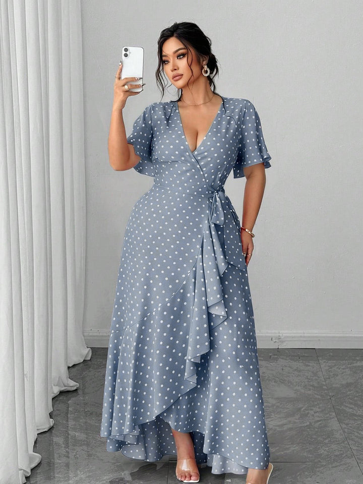 [Plus Size] 1940s Polka Dot Wrap V-Neck Ruffle Maxi Dress, vintage dress, retro fashion - perfect for women who love vintage and retro fashion