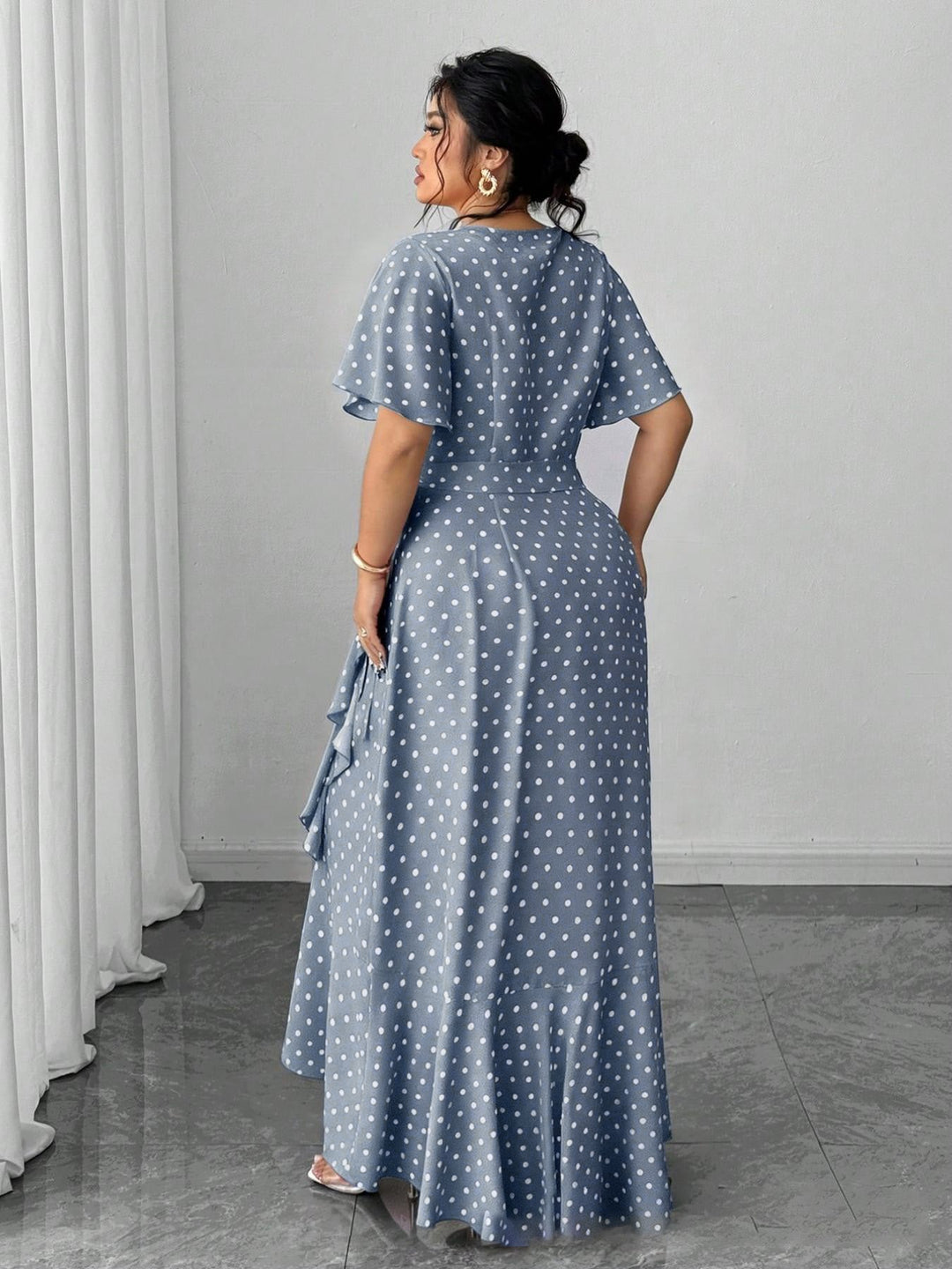 [Plus Size] 1940s Polka Dot Wrap V-Neck Ruffle Maxi Dress, vintage dress, retro fashion - perfect for women who love vintage and retro fashion
