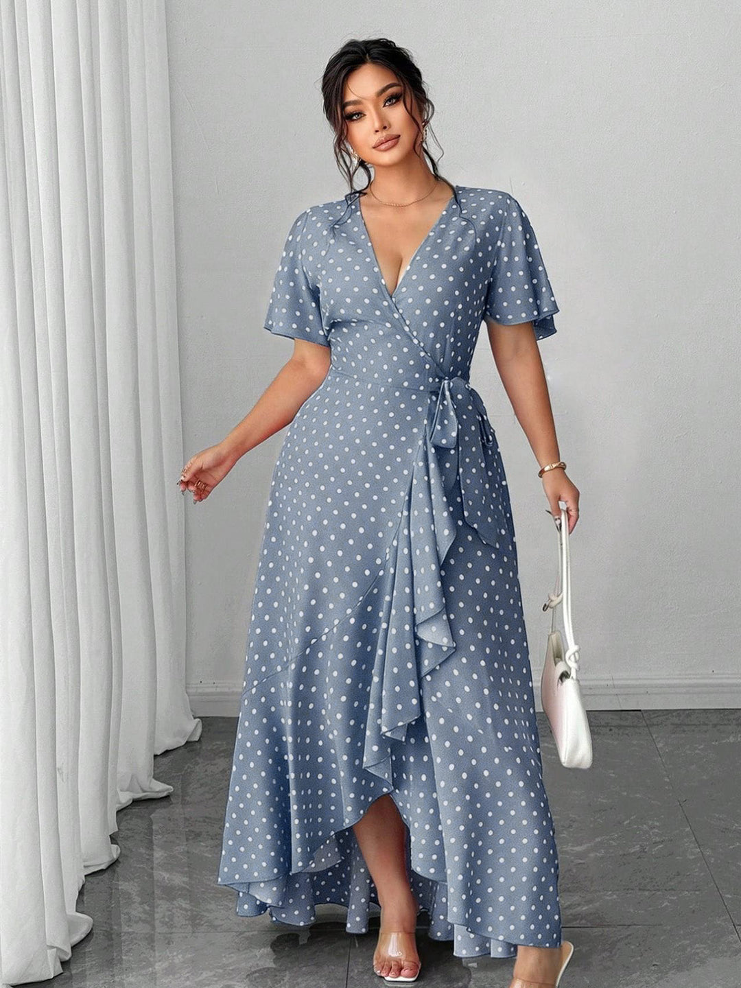 [Plus Size] 1940s Polka Dot Wrap V-Neck Ruffle Maxi Dress, vintage dress, retro fashion - perfect for women who love vintage and retro fashion