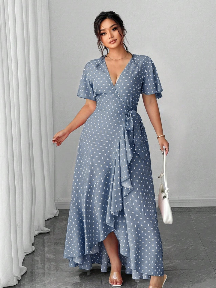 [Plus Size] 1940s Polka Dot Wrap V-Neck Ruffle Maxi Dress, vintage dress, retro fashion - perfect for women who love vintage and retro fashion