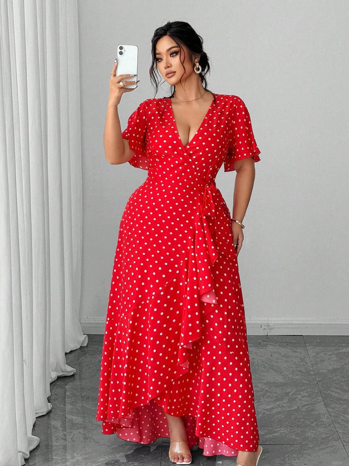 [Plus Size] 1940s Polka Dot Wrap V-Neck Ruffle Maxi Dress, vintage dress, retro fashion - perfect for women who love vintage and retro fashion