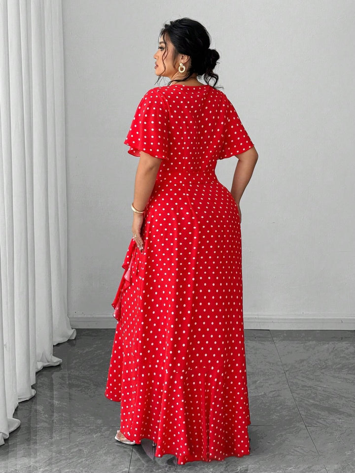 [Plus Size] 1940s Polka Dot Wrap V-Neck Ruffle Maxi Dress, vintage dress, retro fashion - perfect for women who love vintage and retro fashion