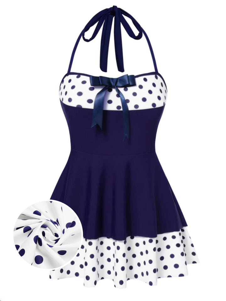 Polka Dots Patchwork Halter Swimdress: beautiful vintage dress, retro fashion, elegant style with timeless appeal