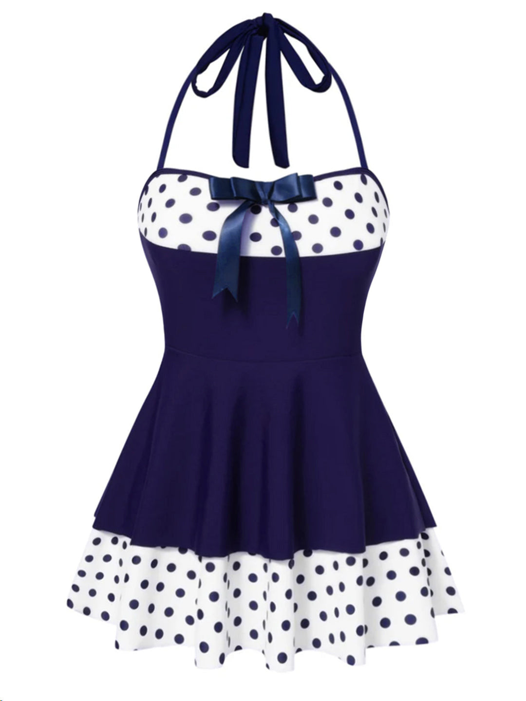 Polka Dots Patchwork Halter Swimdress | vintage dress, retro fashion, elegant style - perfect for retro fashion enthusiasts