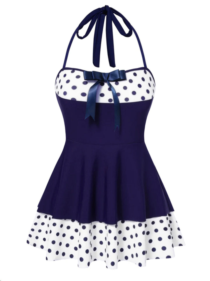 Polka Dots Patchwork Halter Swimdress | vintage dress, retro fashion, elegant style - perfect for retro fashion enthusiasts