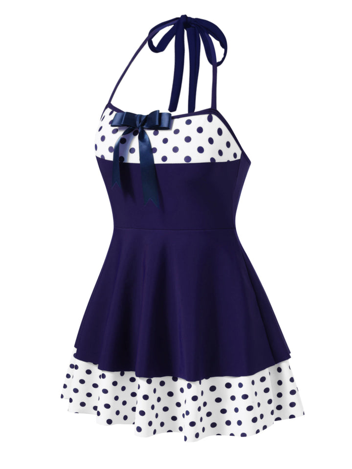 Polka Dots Patchwork Halter Swimdress - vintage dress, retro fashion, elegant style for vintage lovers