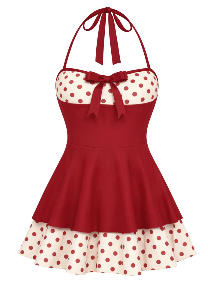 Blue Polka Dots Patchwork Halter Swimdress, vintage dress, retro fashion - perfect for women who love vintage and retro fashion