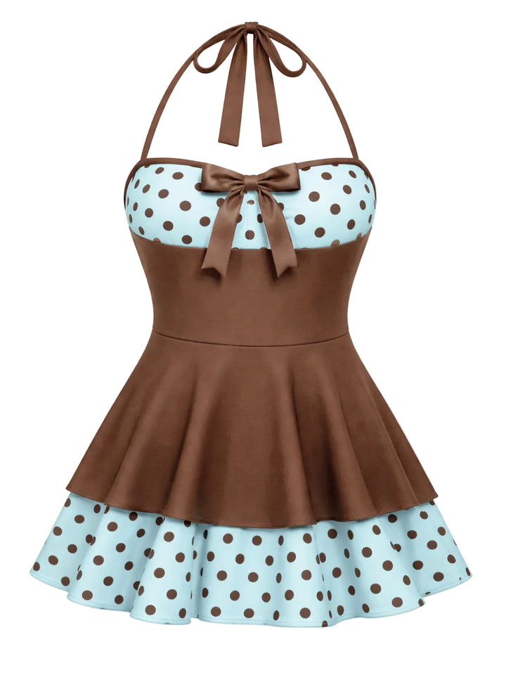 This Polka Dots Patchwork Halter Swimdress wraps her in elegance, one twirl at a time